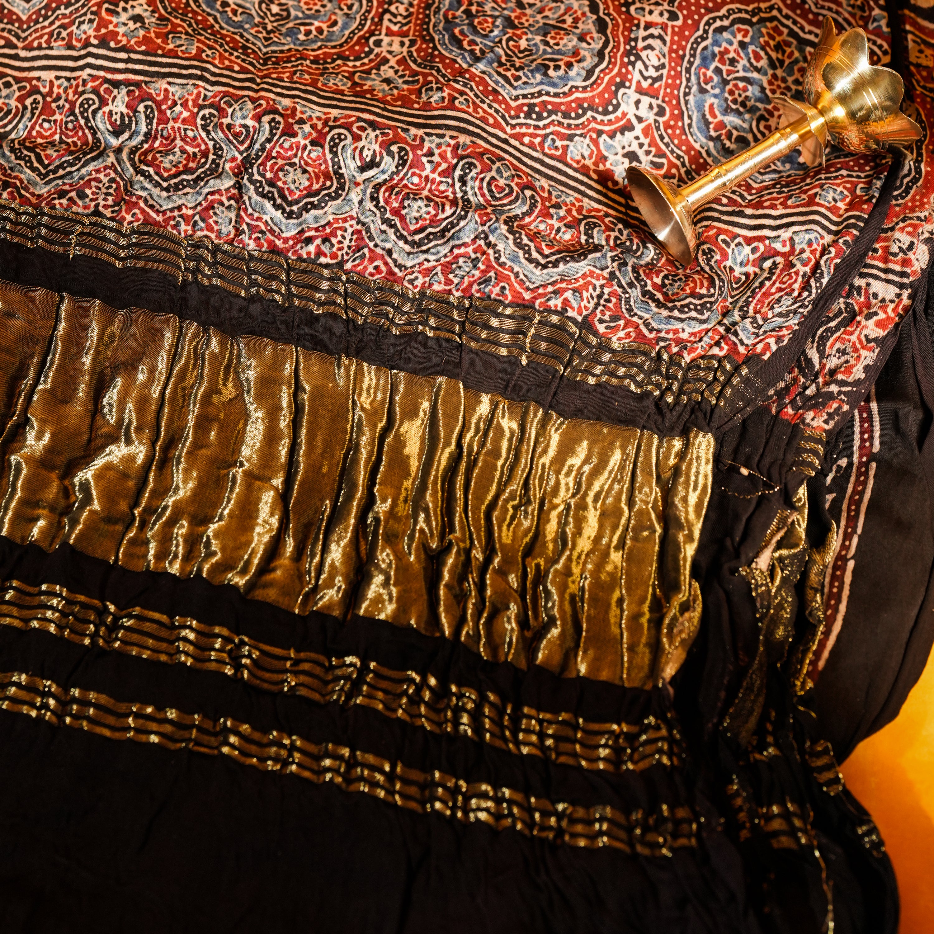 Black Dola Silk Dupatta with Ajrakh Print
