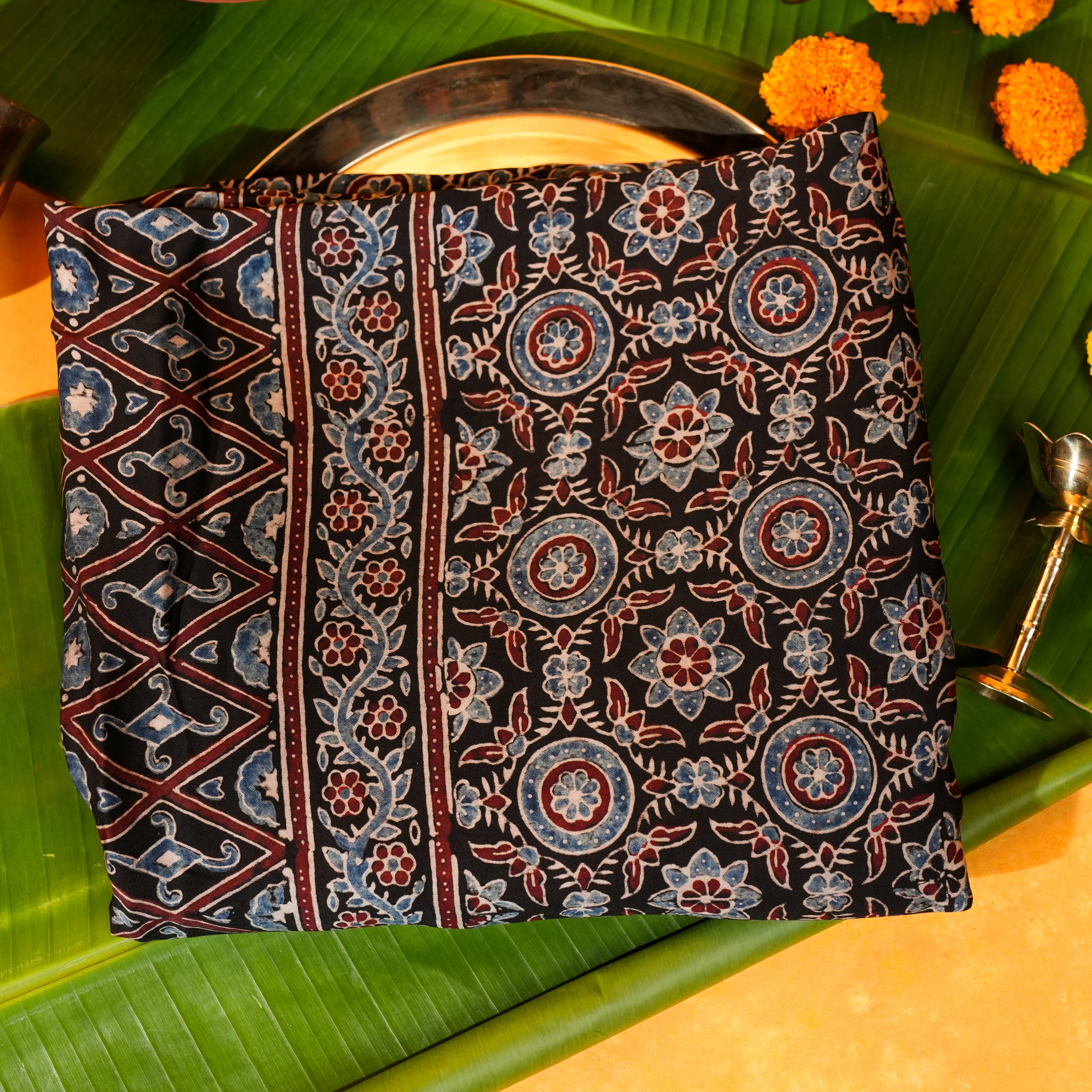 Black Dola Silk Dupatta with Ajrakh Print