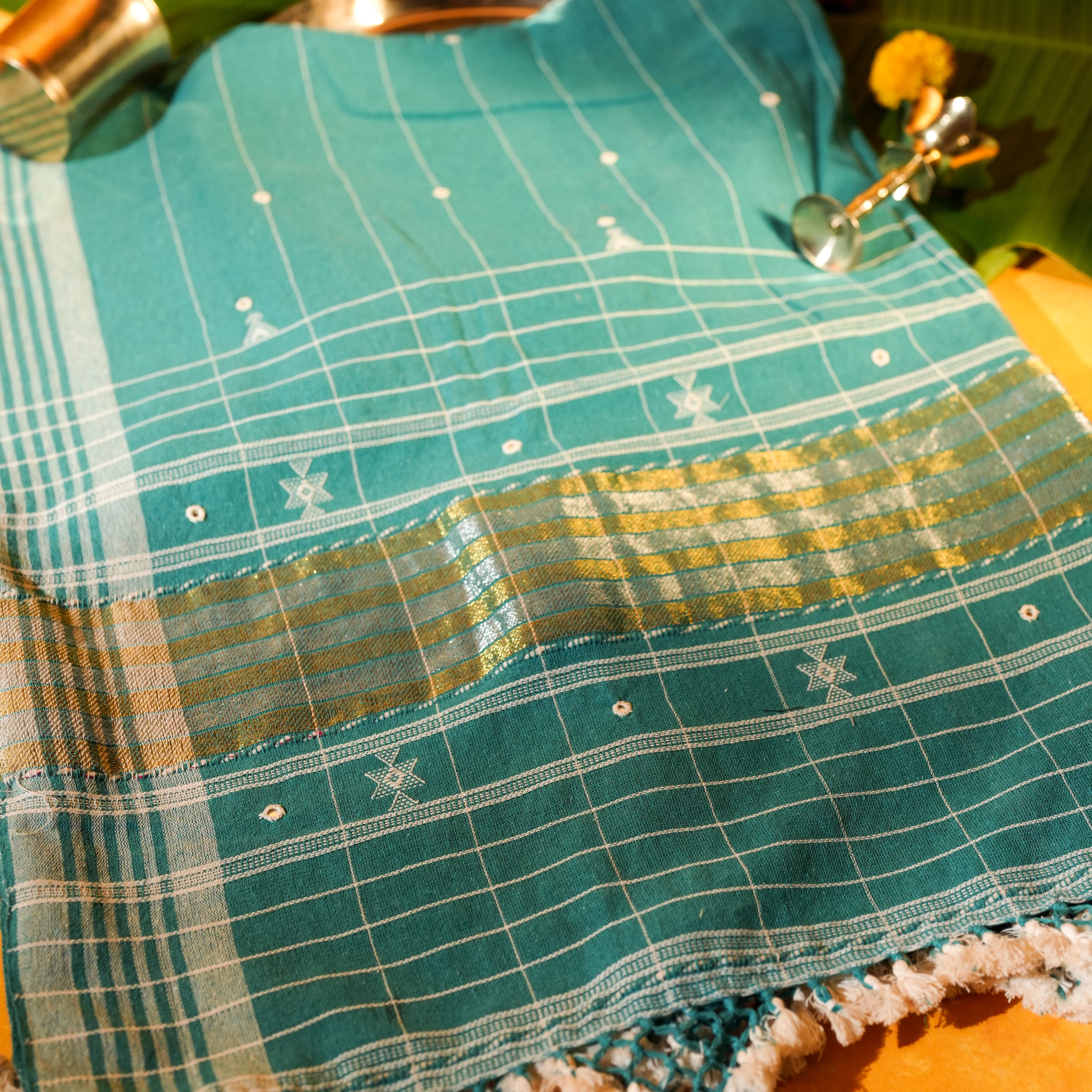 Teal Green Cotton Dupatta with Handwoven Design & Tassels