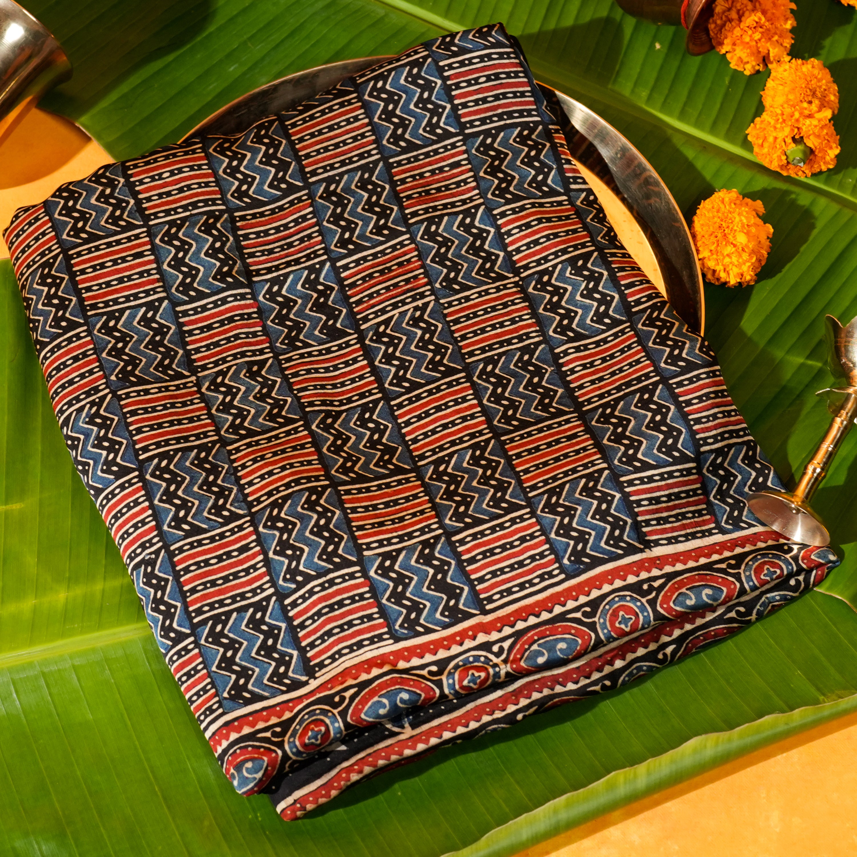 Indigo Dola Silk Dupatta with Ajrakh Stripes