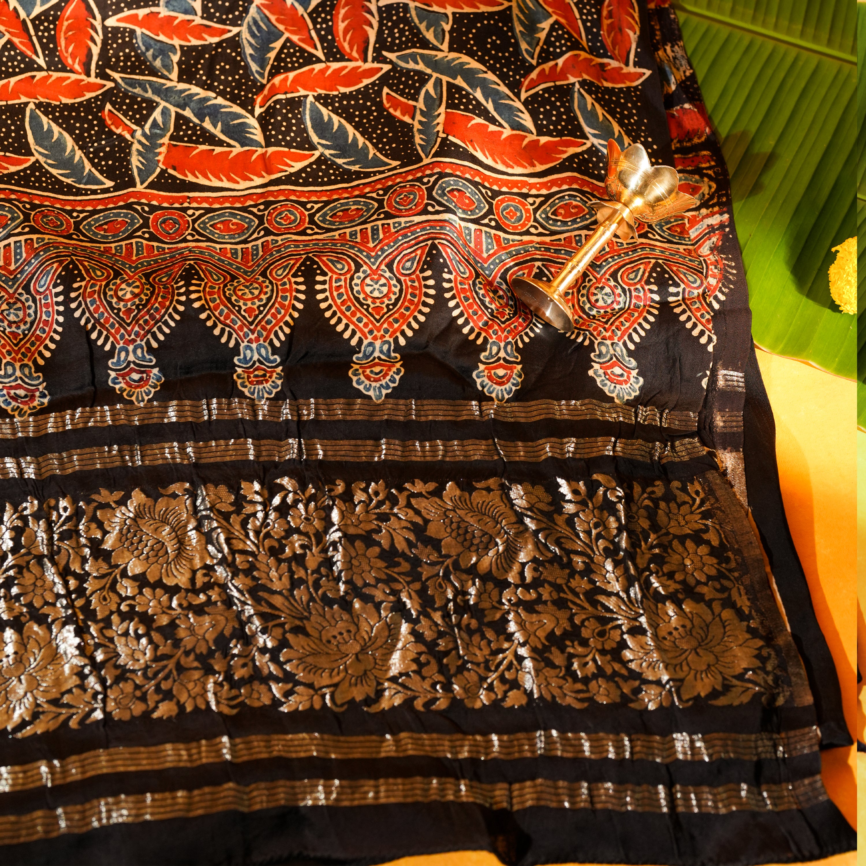 Black Dola Silk Dupatta with Ajrakh Floral Print