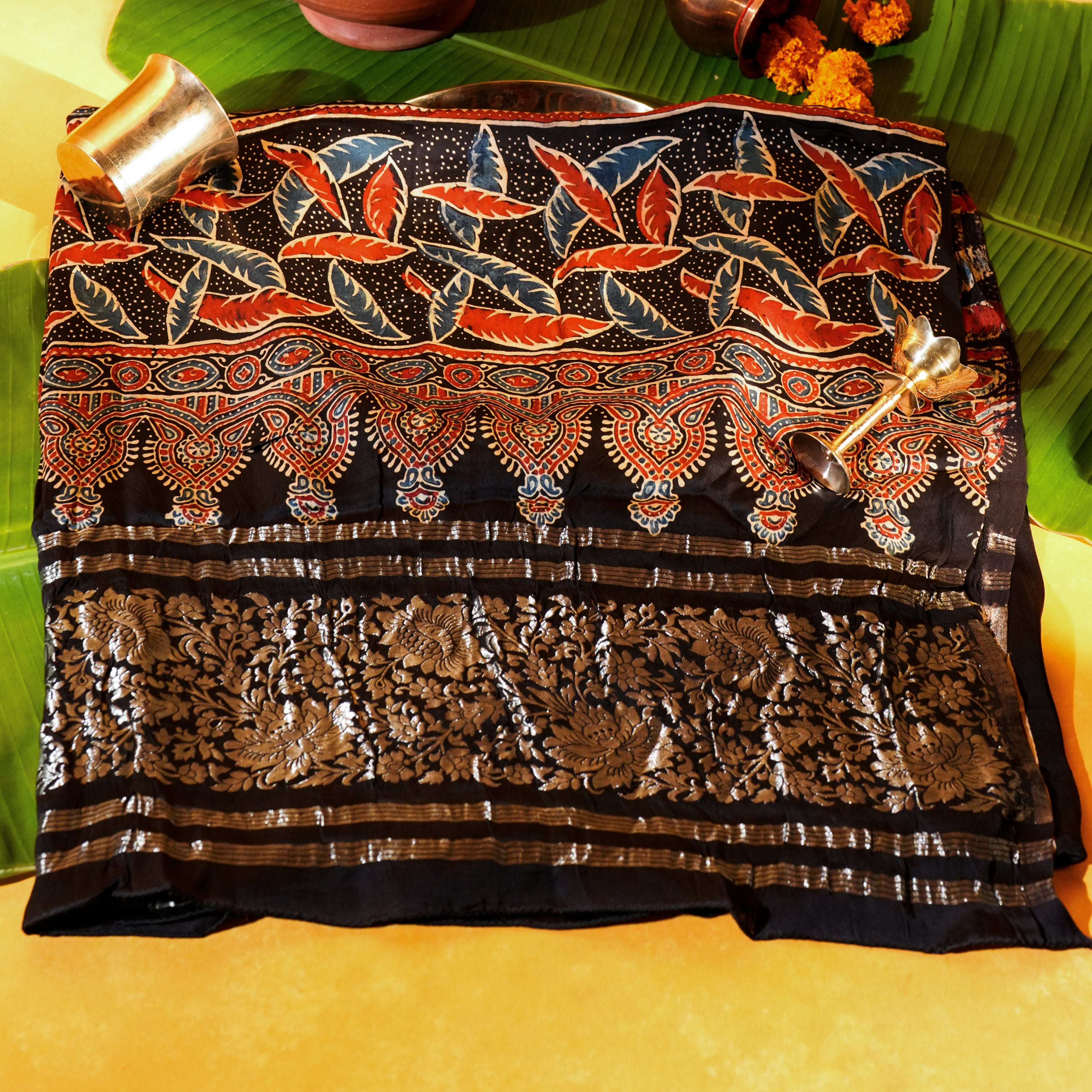 Black Dola Silk Dupatta with Ajrakh Floral Print