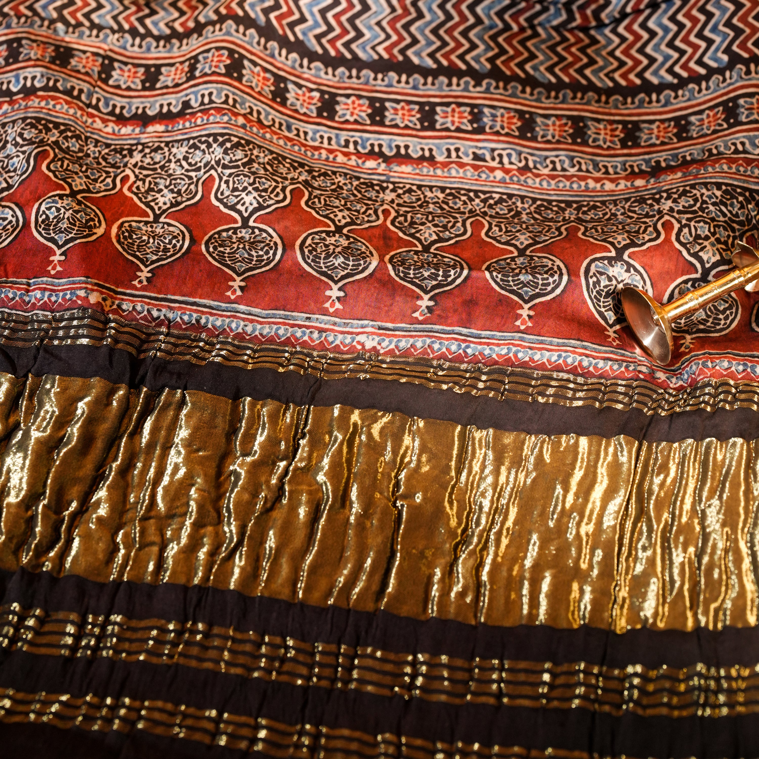 Black Dola Silk Dupatta with Ajrakh Striped Print