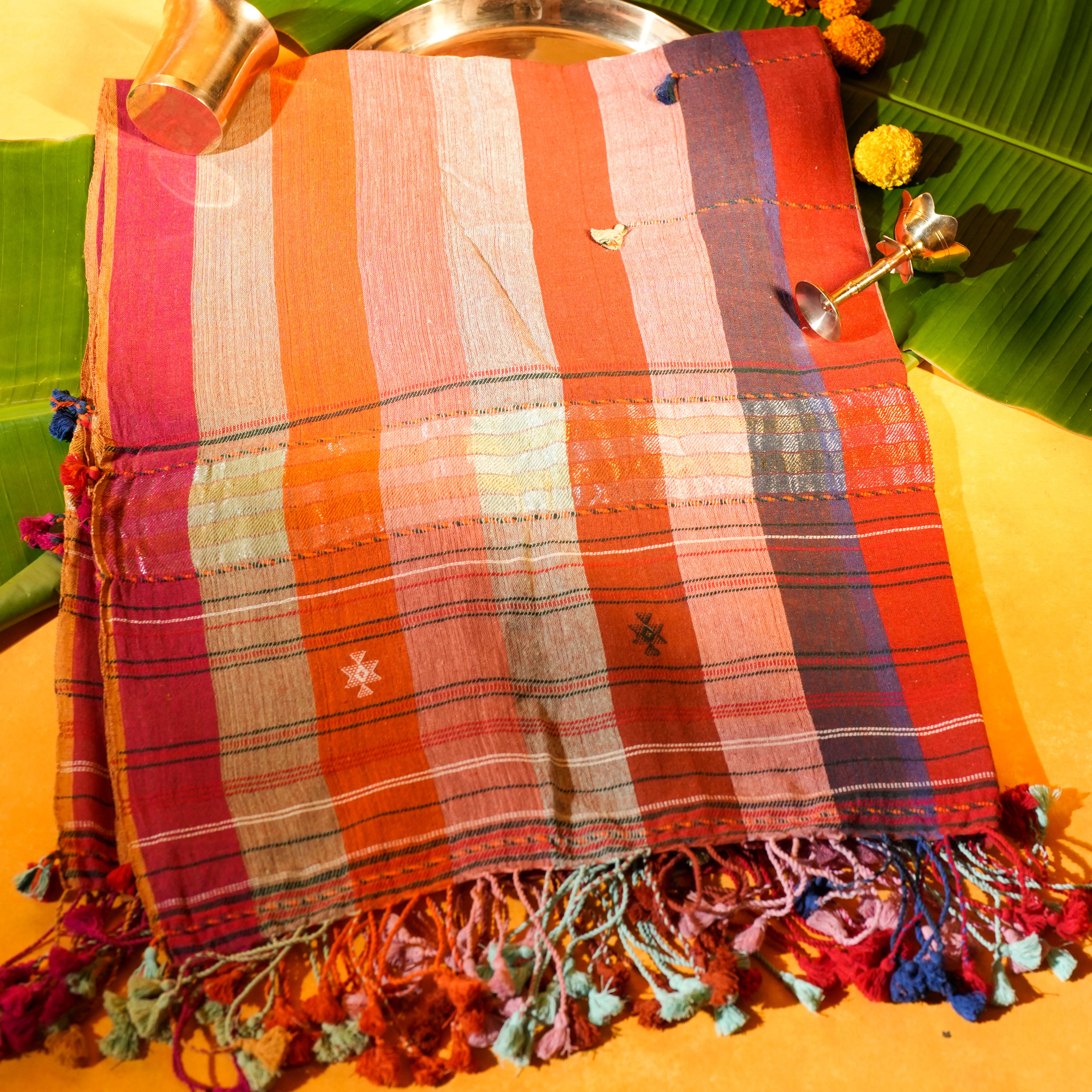 Multicolor Cotton Dupatta with Handwoven Design & Tassels