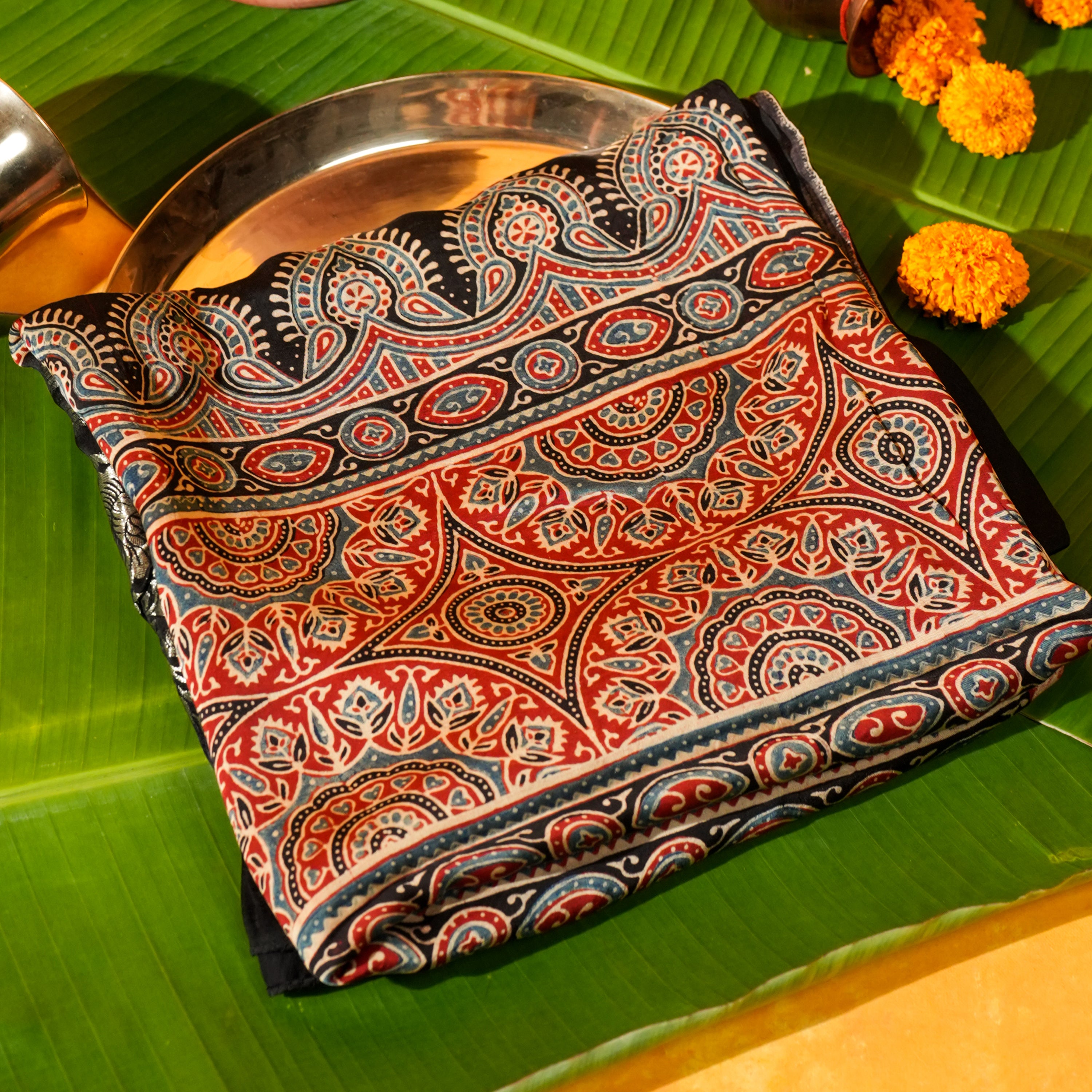Brick Red Dola Silk Dupatta with Traditional Ajrakh Print