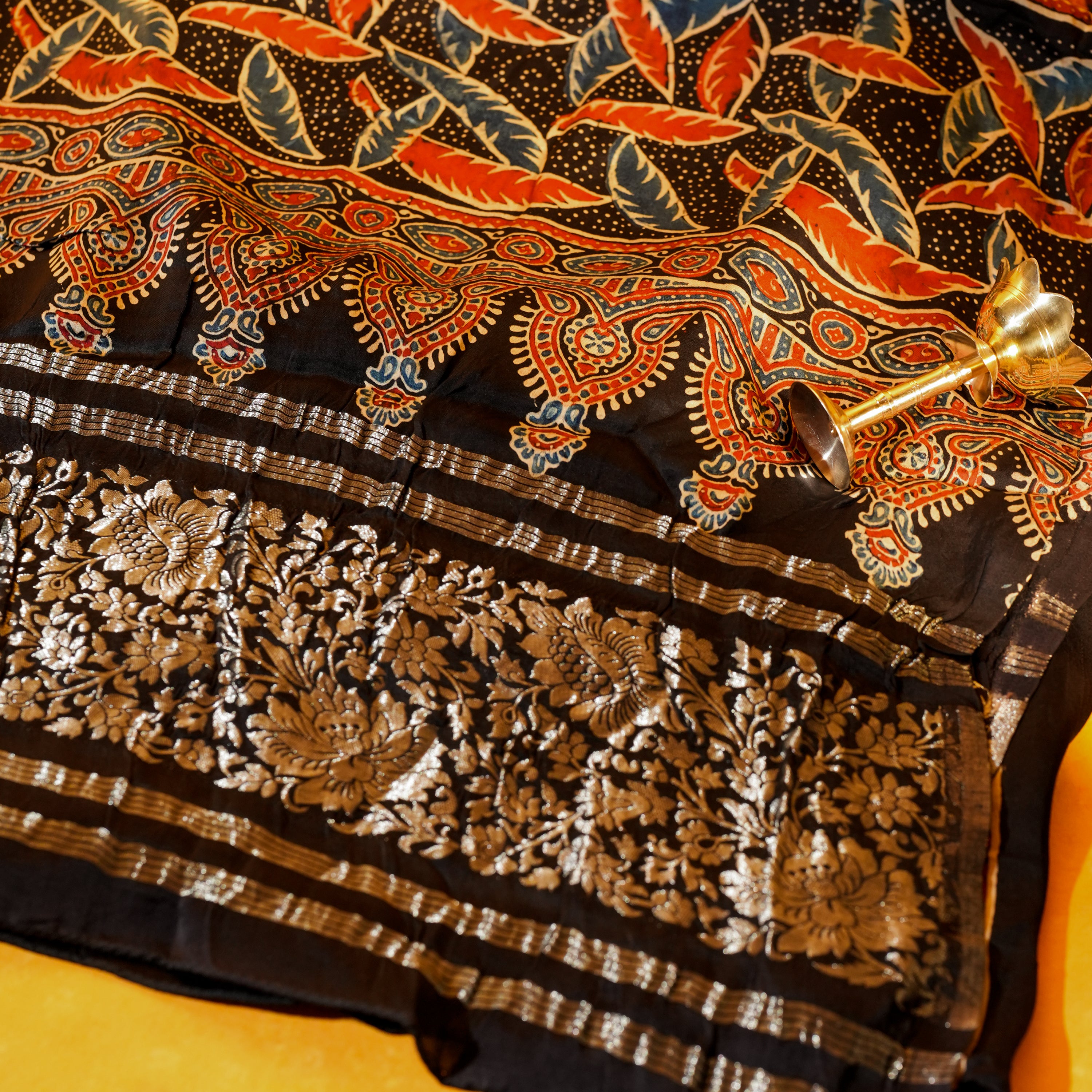 Black Dola Silk Dupatta with Ajrakh Floral Print