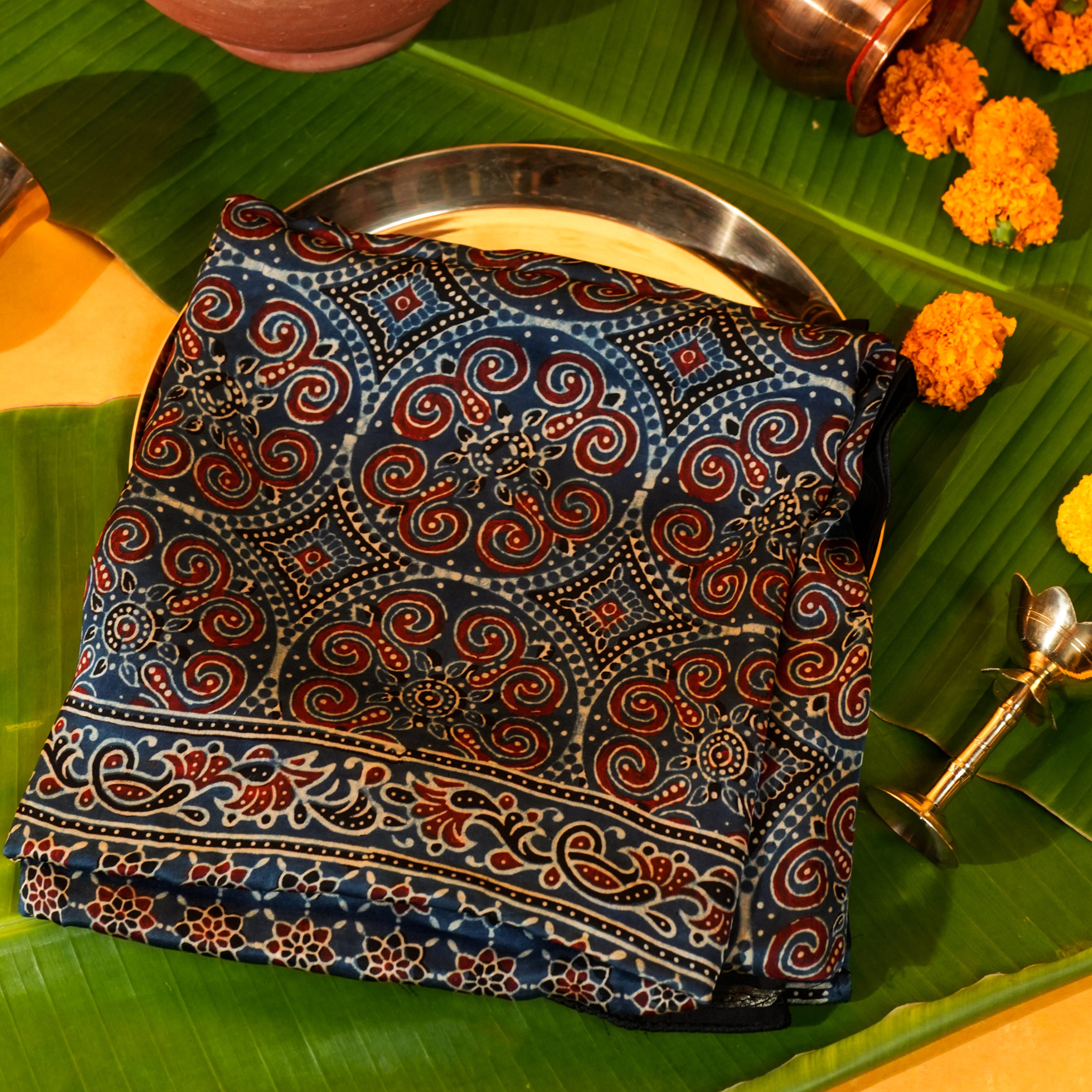 Indigo Dola Silk Dupatta with Ajrakh Print