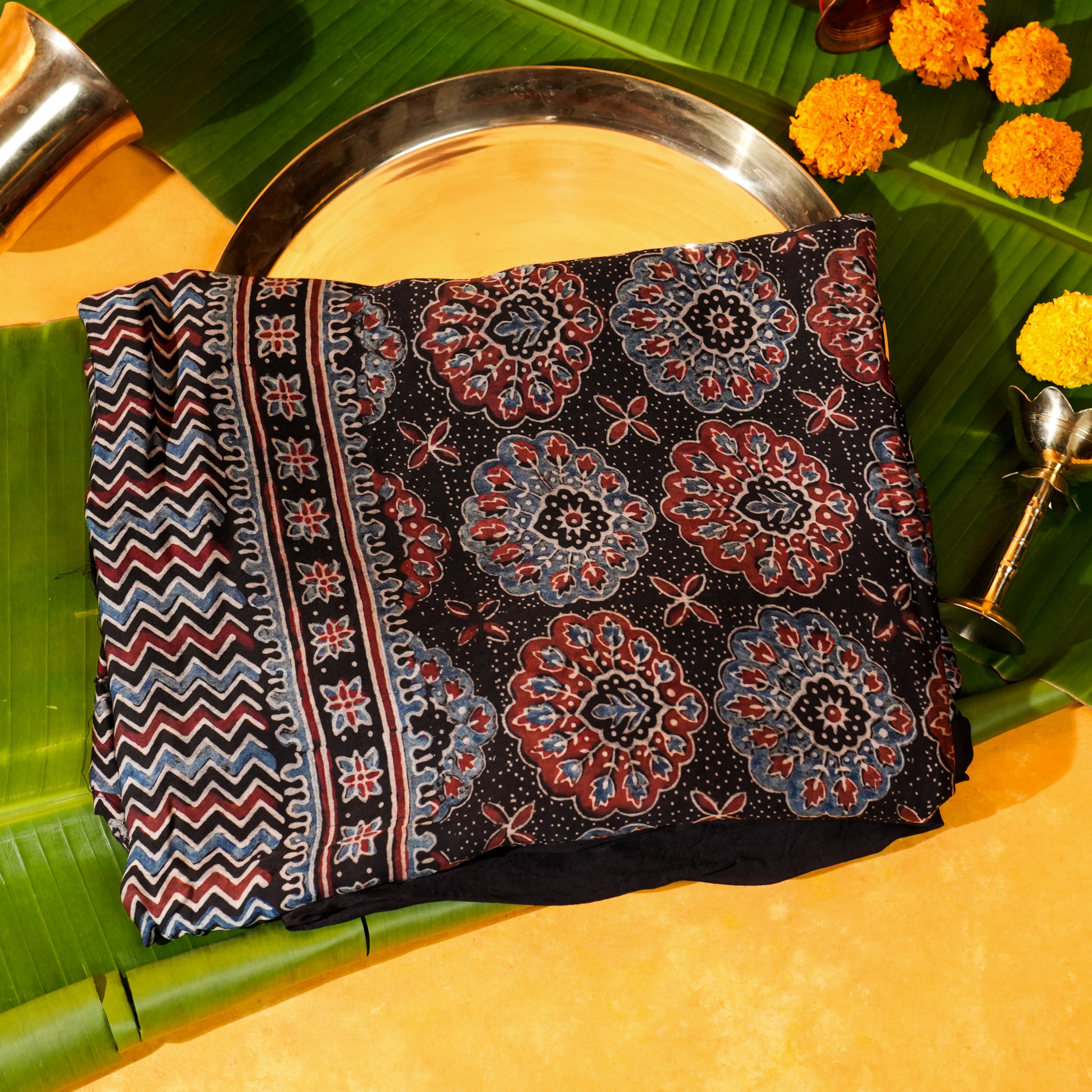 Black Dola Silk Dupatta with Ajrakh Striped Print