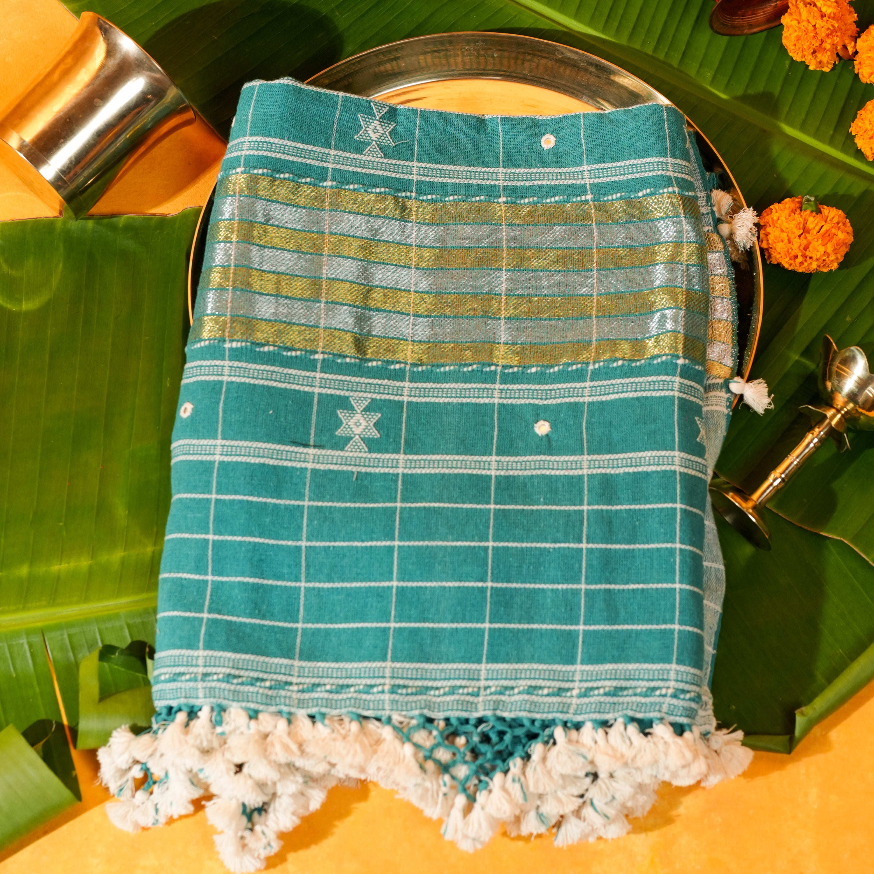 Teal Green Cotton Dupatta with Handwoven Design & Tassels