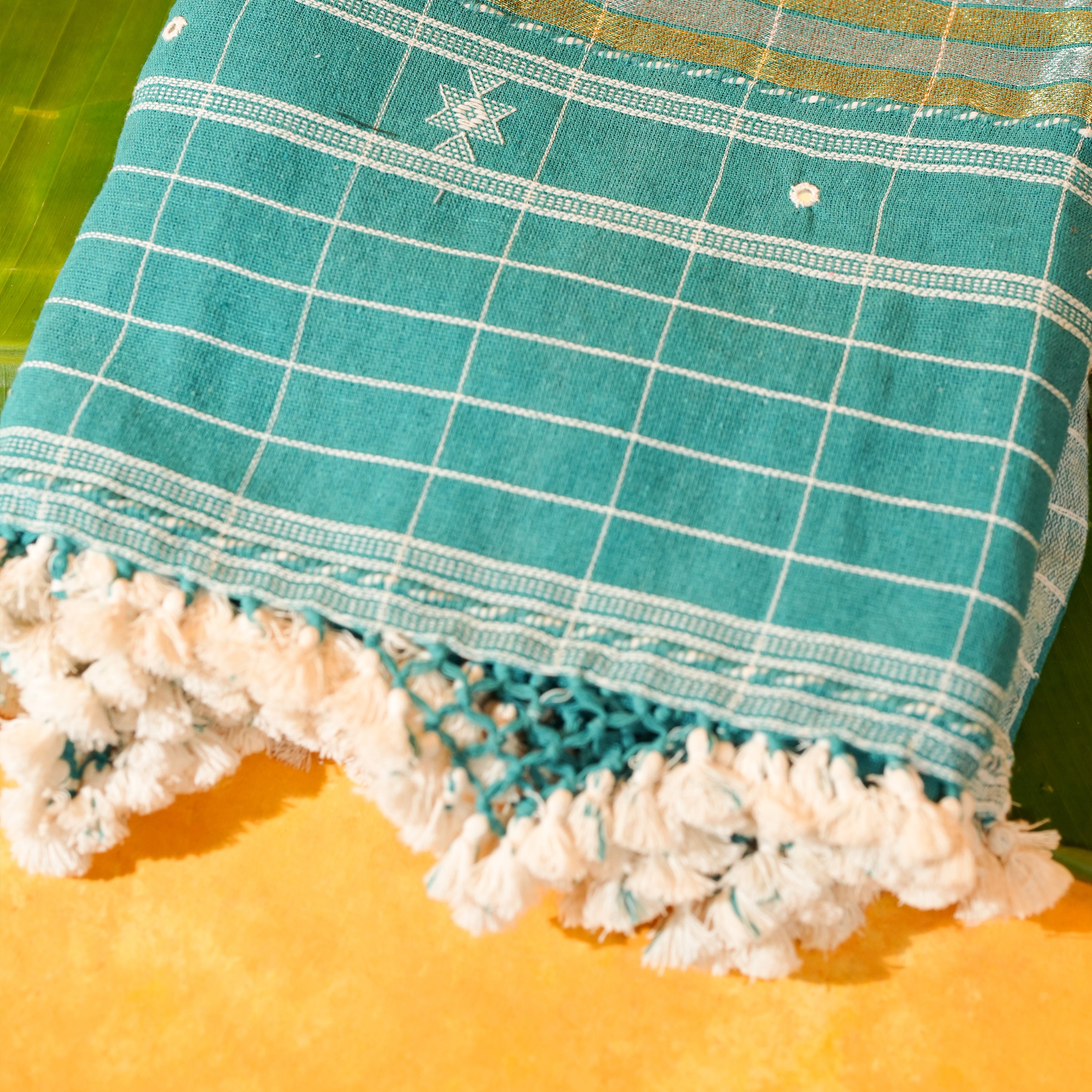 Teal Green Cotton Dupatta with Handwoven Design & Tassels