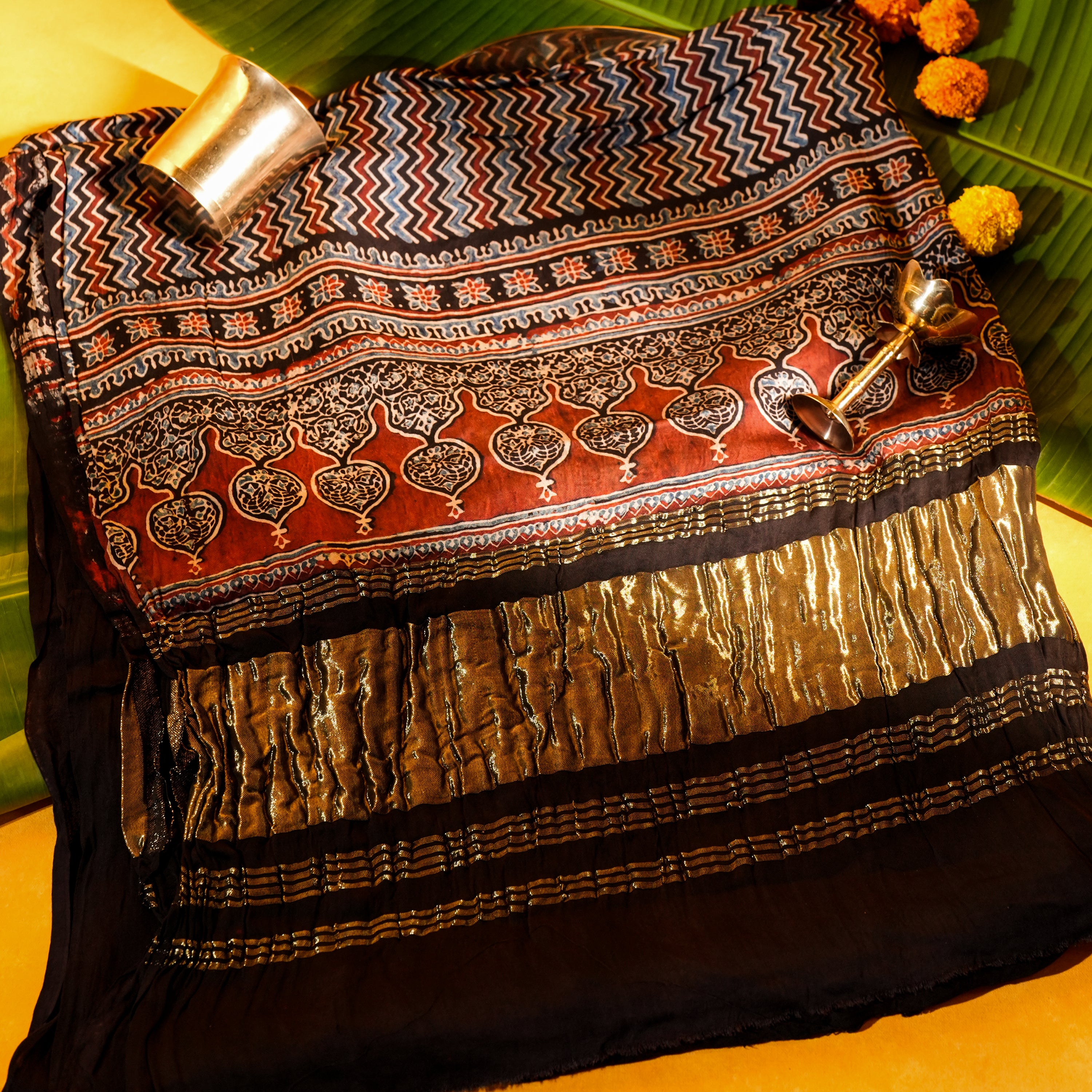 Black Dola Silk Dupatta with Ajrakh Striped Print