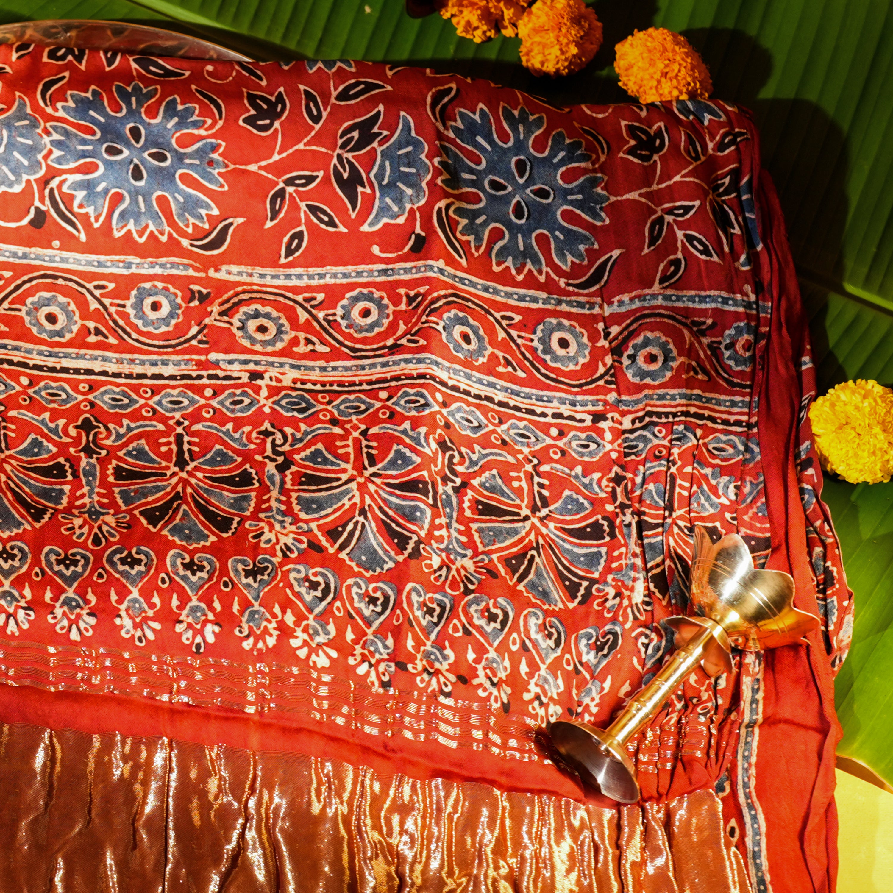 Brick Red Dola Silk Dupatta with Ajrakh Floral Print
