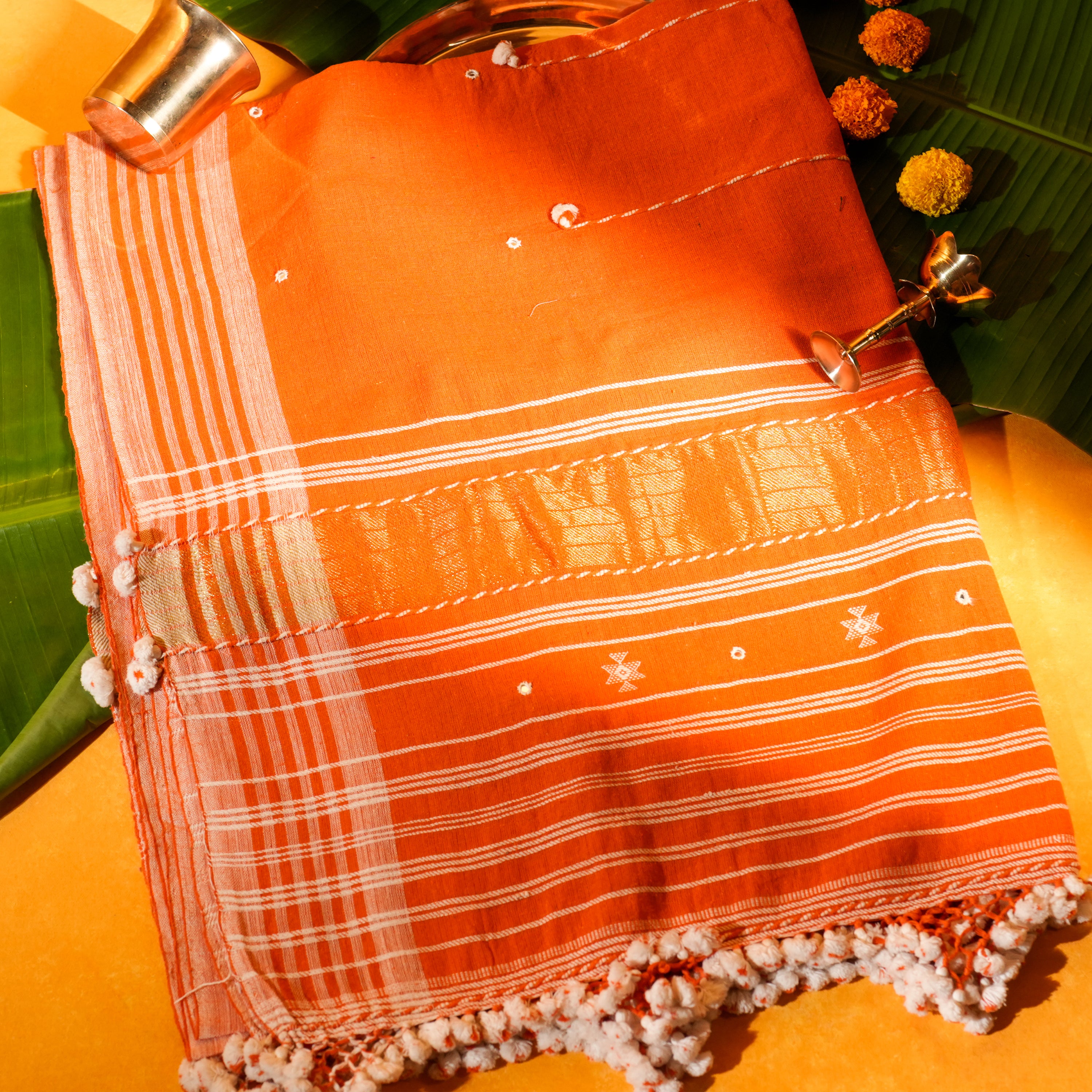 Orange Cotton Dupatta with Handwoven Design & Tassels