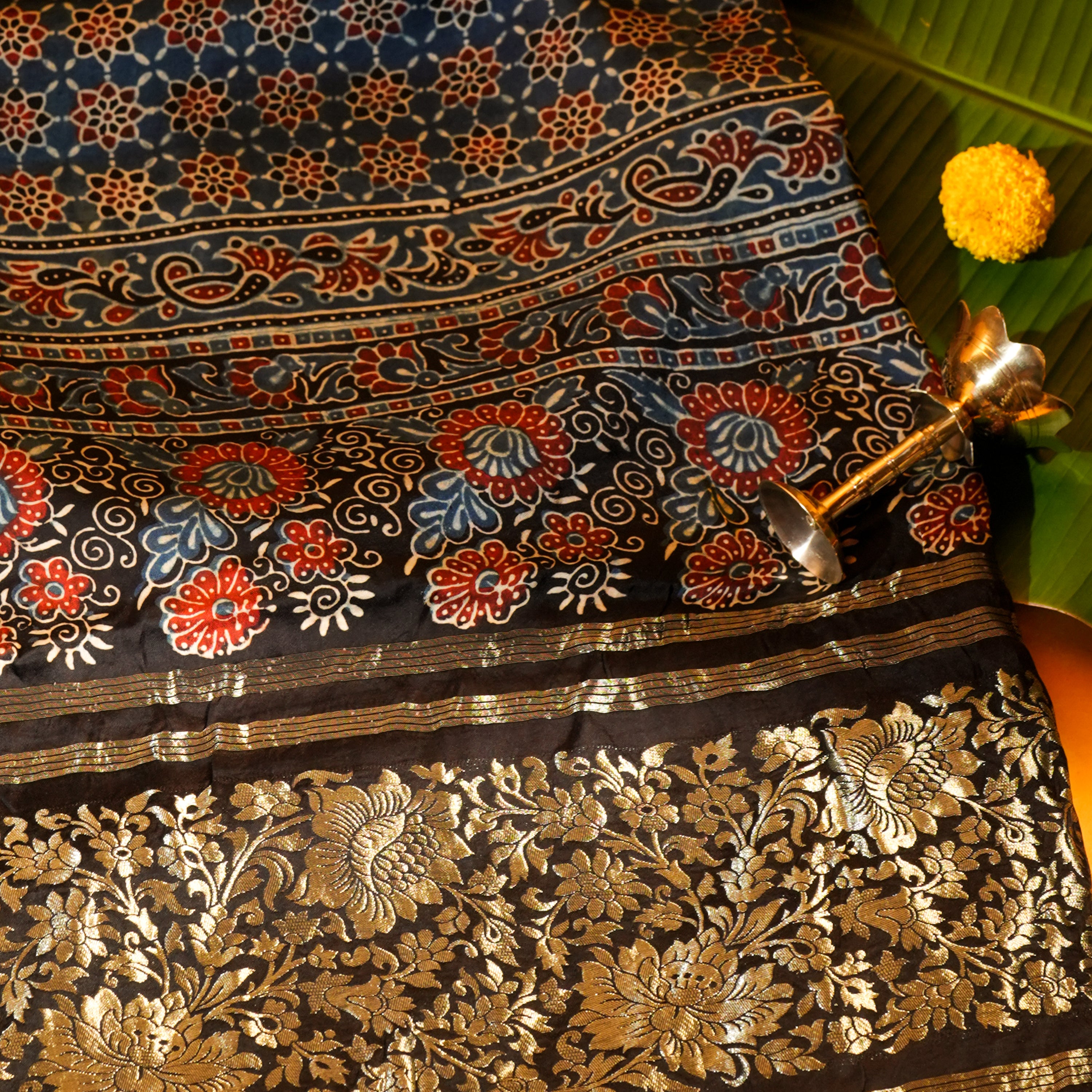 Indigo Dola Silk Dupatta with Ajrakh Print