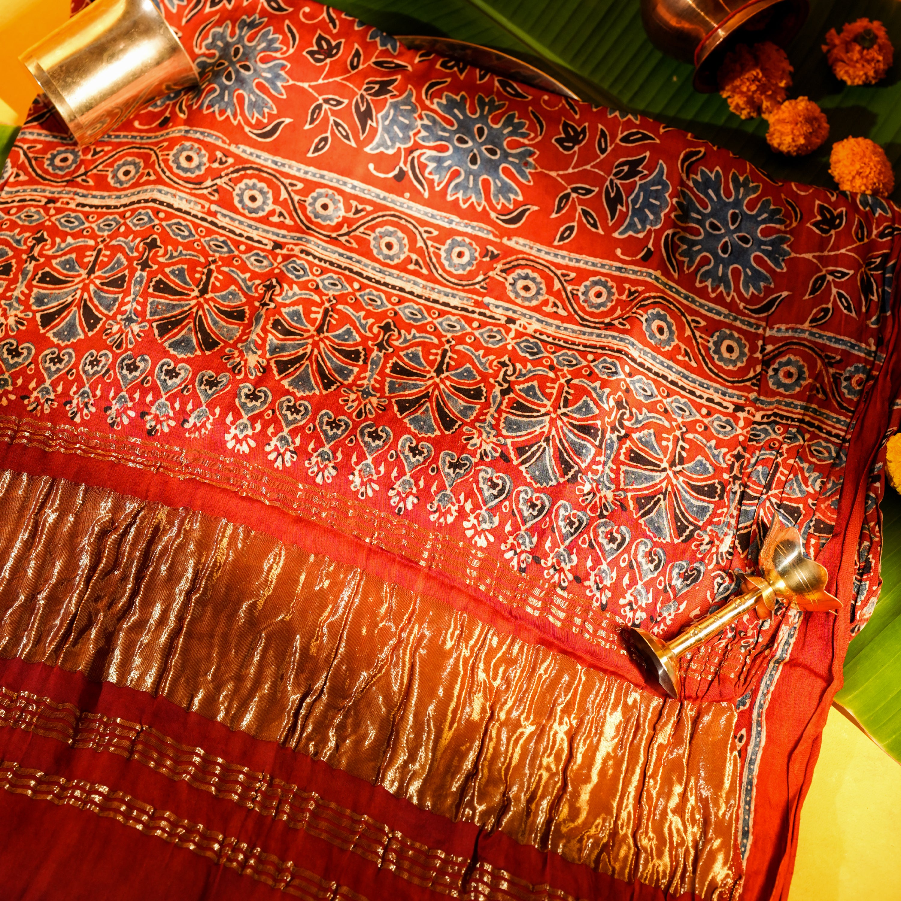 Brick Red Dola Silk Dupatta with Ajrakh Floral Print