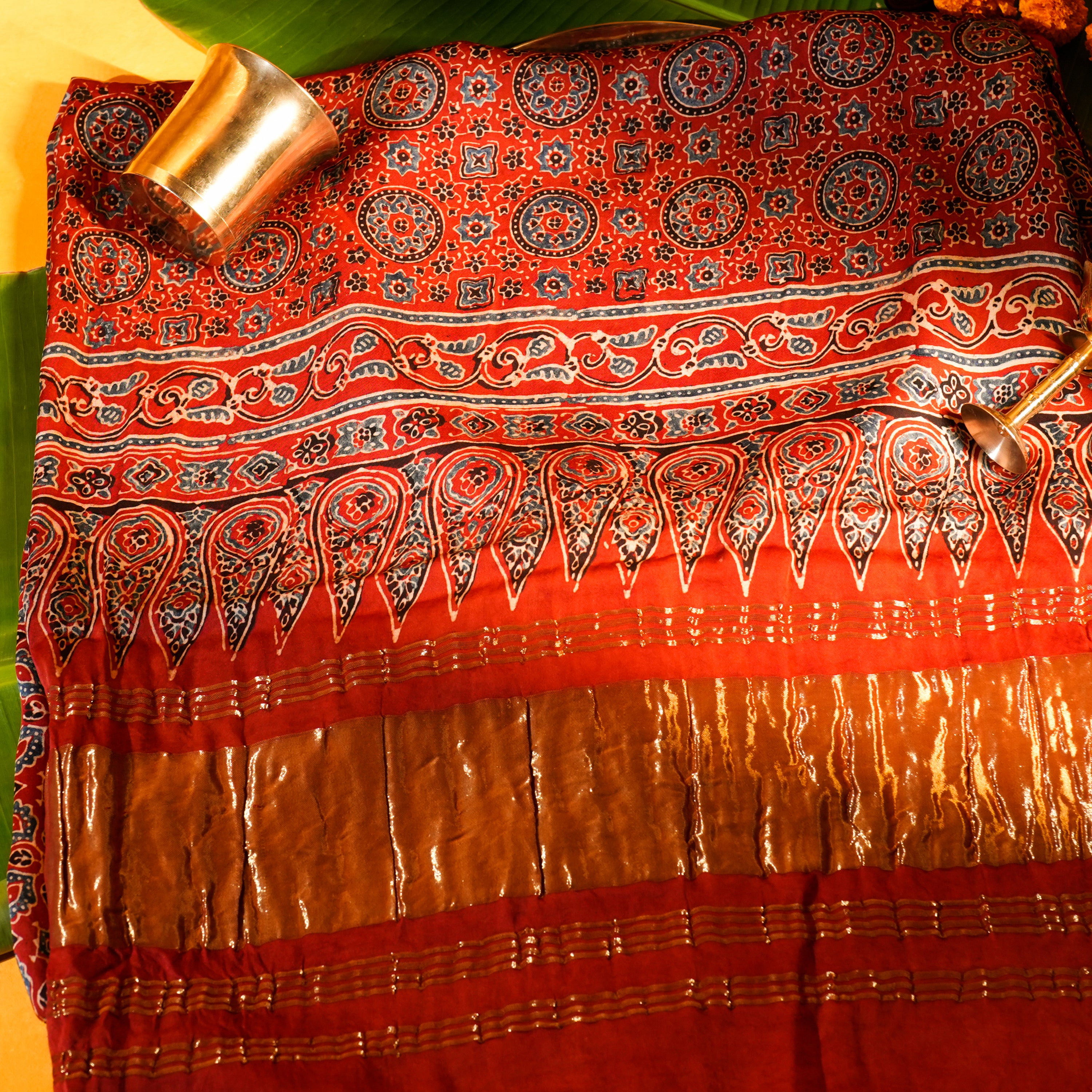 Brick Red Dola Silk Dupatta with Ajrakh Print
