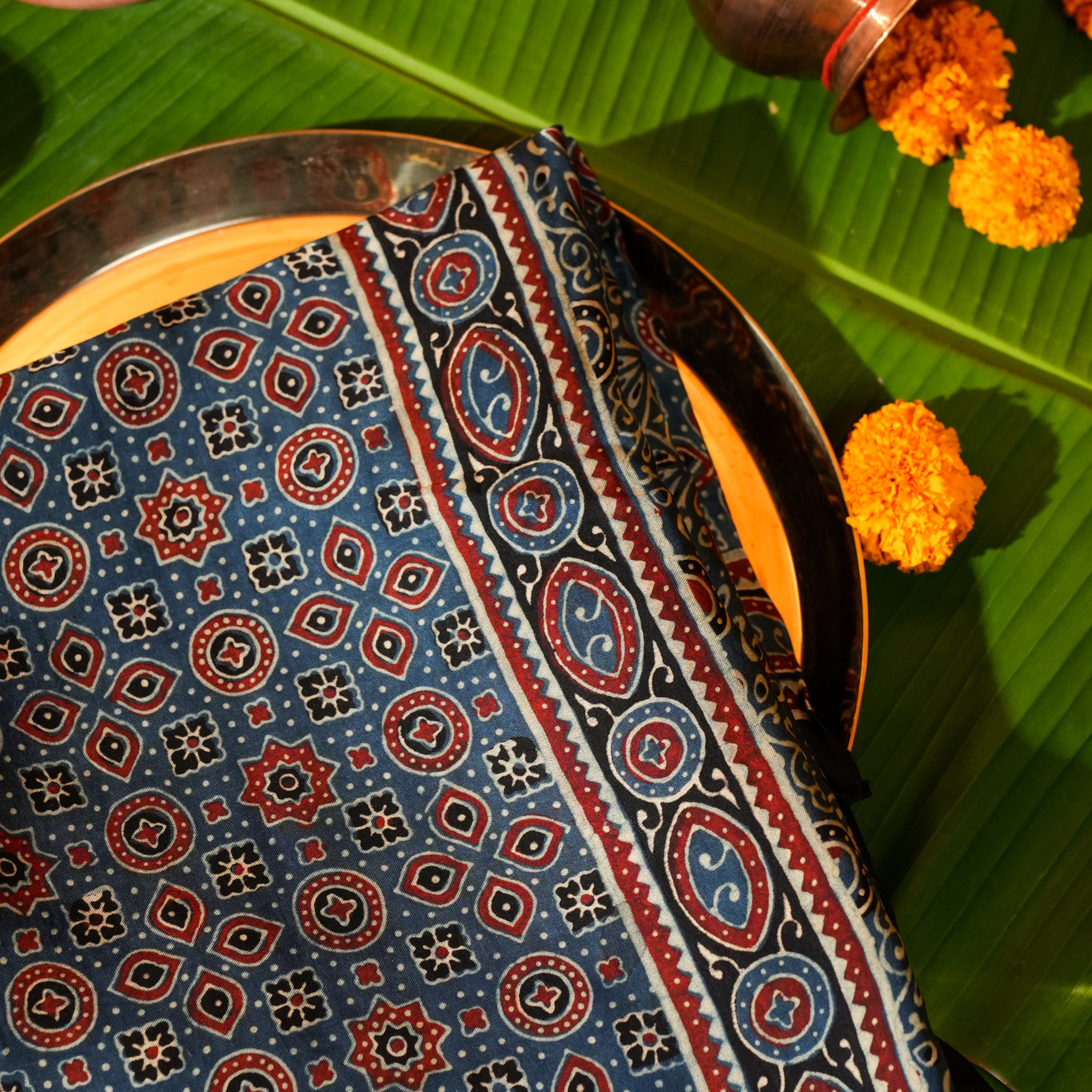 Indigo Dola Silk Dupatta with Traditional Ajrakh Print