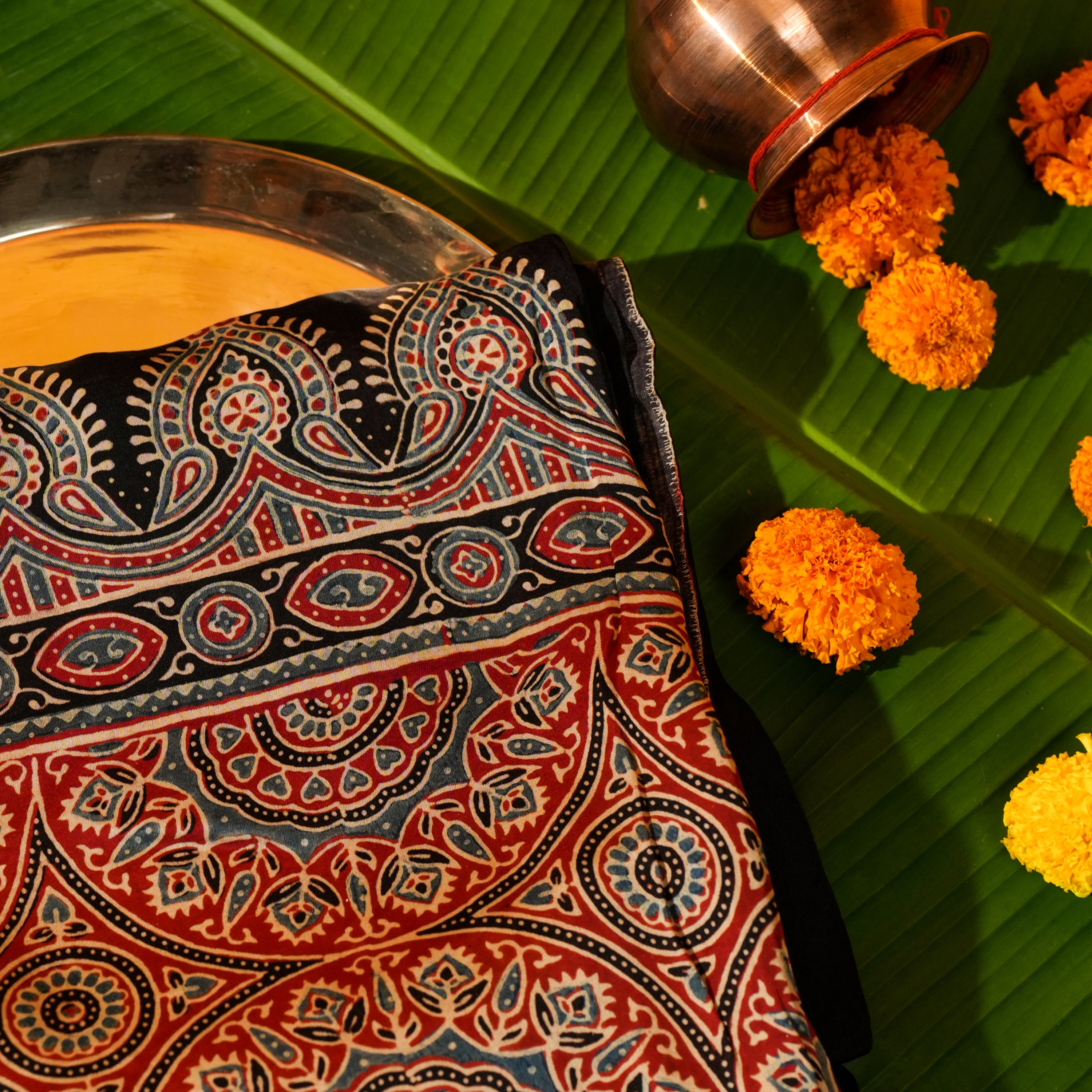 Brick Red Dola Silk Dupatta with Traditional Ajrakh Print