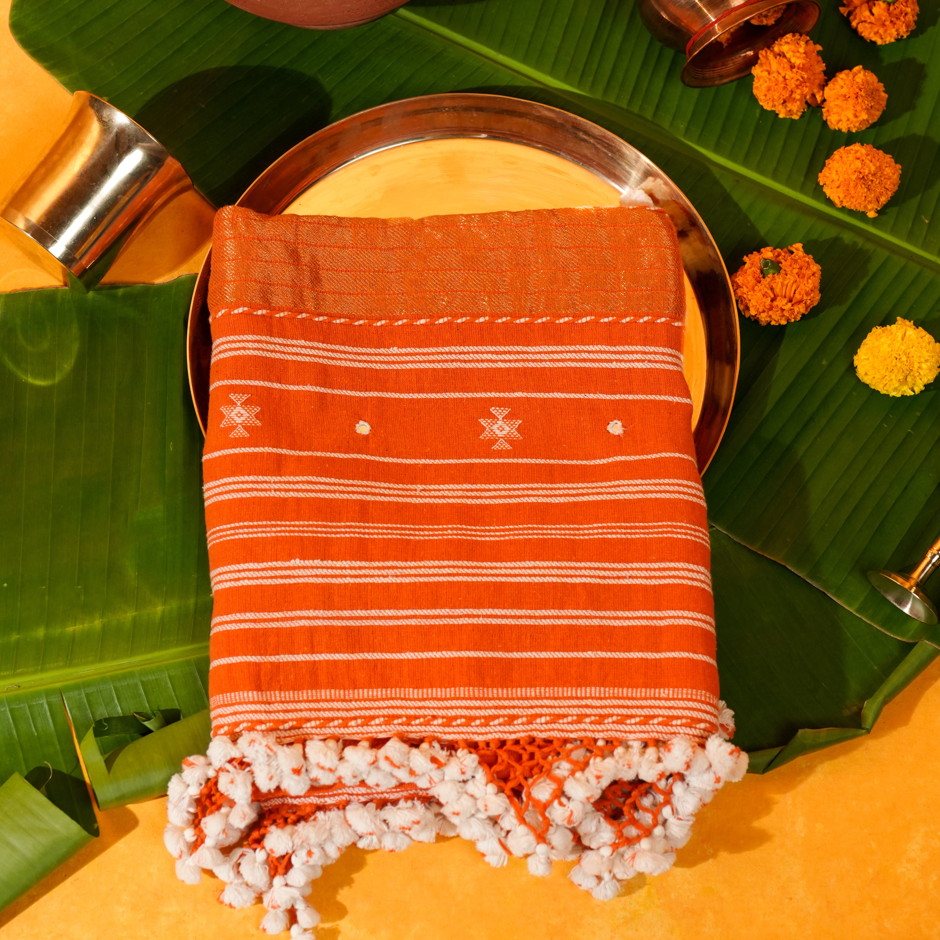 Orange Cotton Dupatta with Handwoven Design & Tassels