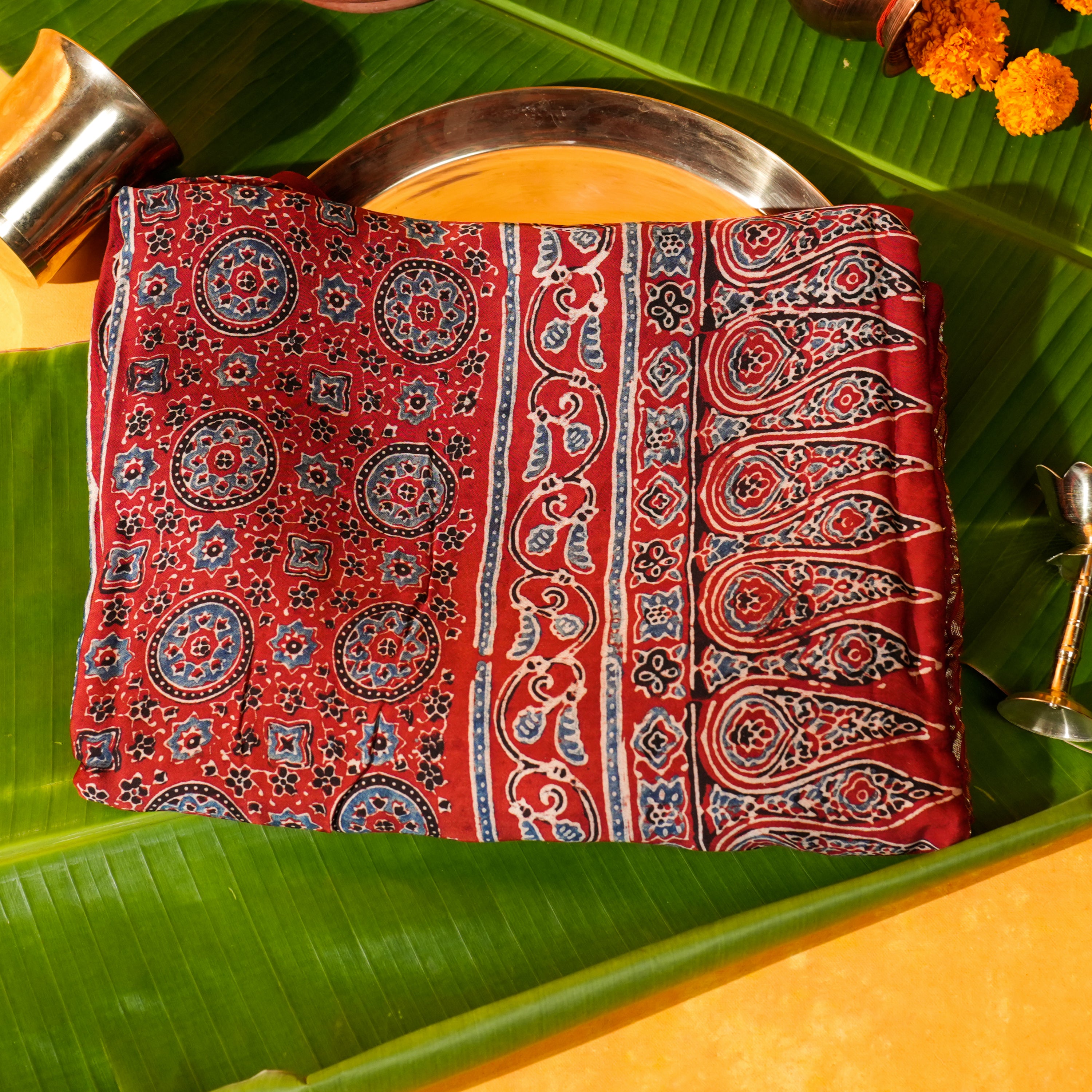 Brick Red Dola Silk Dupatta with Ajrakh Print