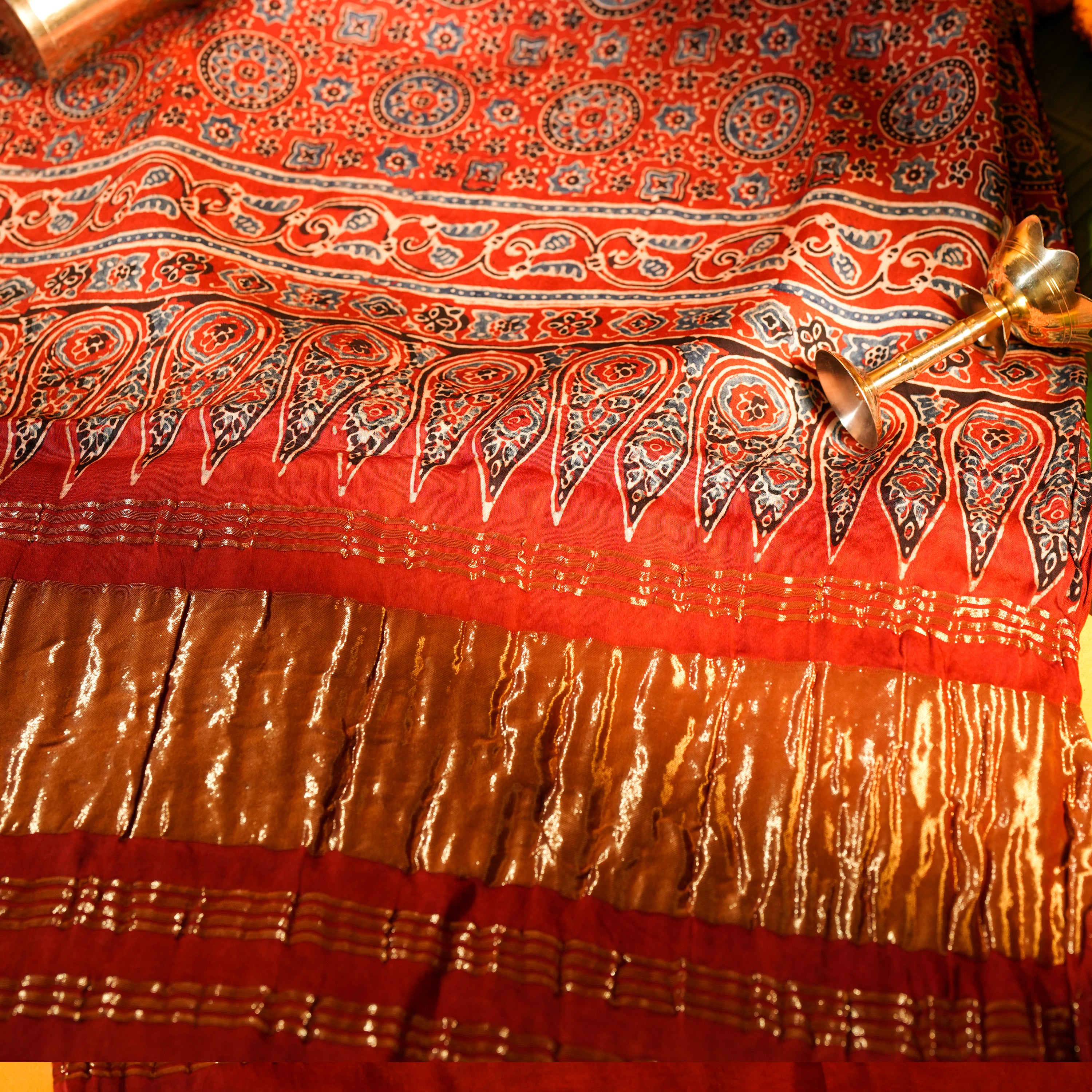 Brick Red Dola Silk Dupatta with Ajrakh Print