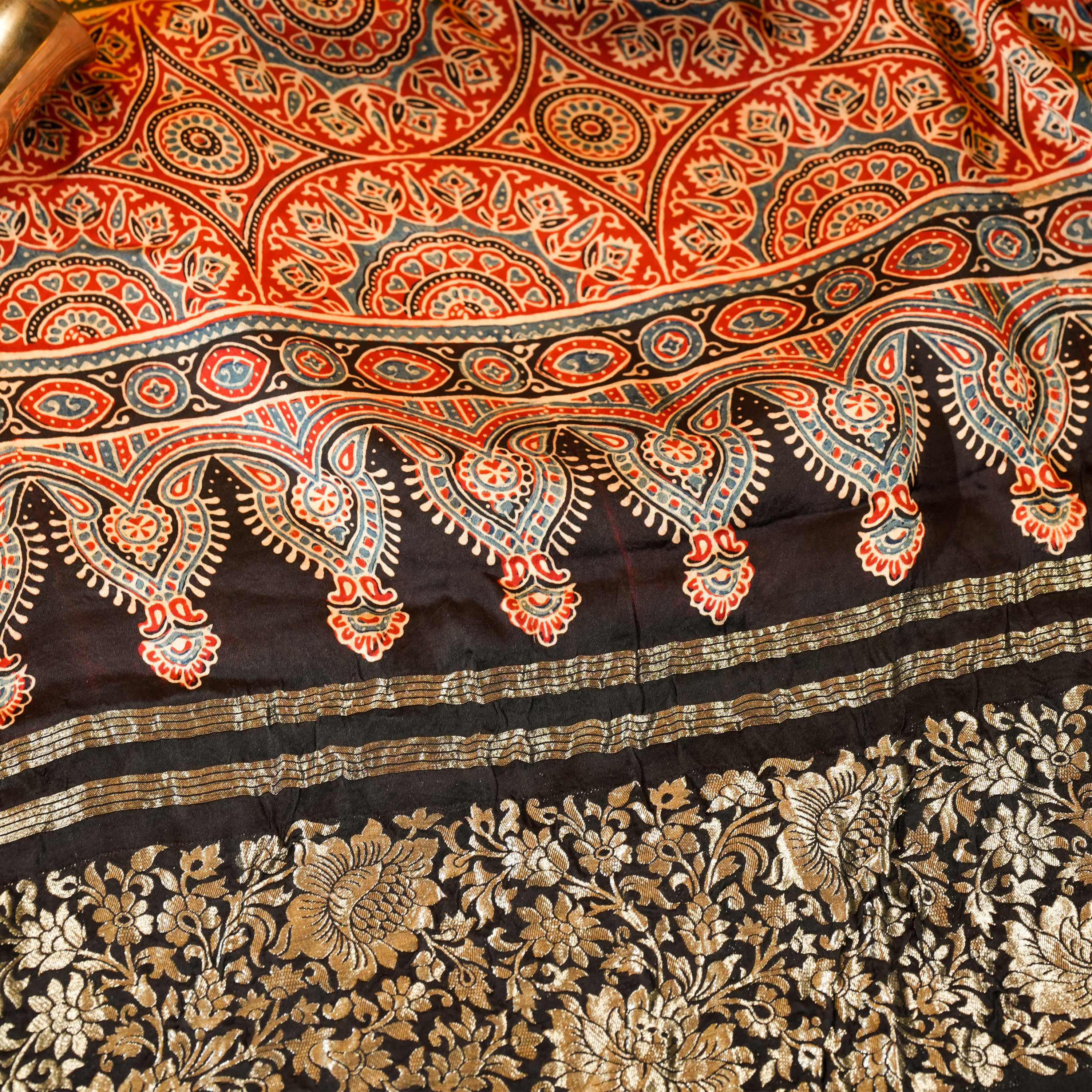 Brick Red Dola Silk Dupatta with Traditional Ajrakh Print
