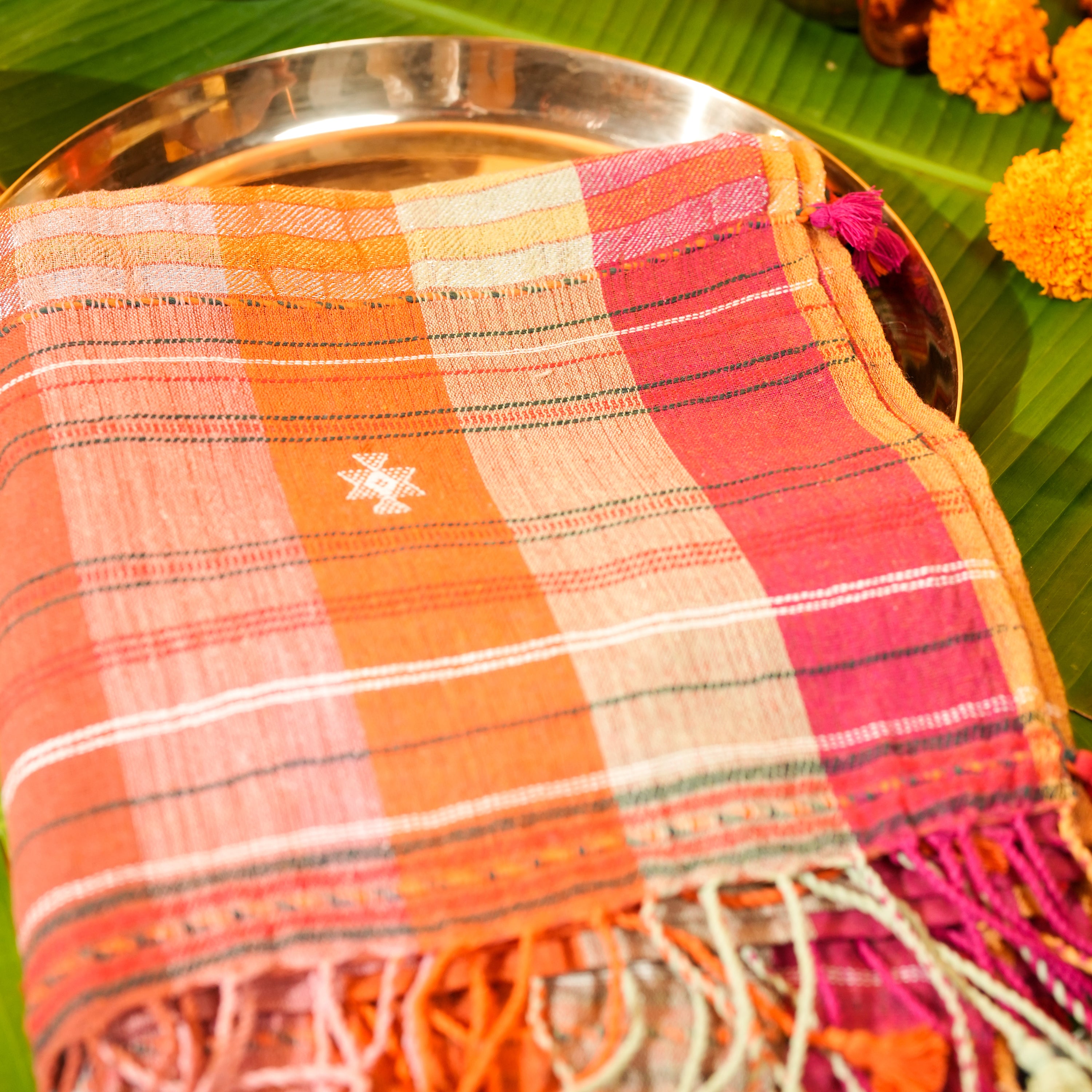 Multicolor Cotton Dupatta with Handwoven Design & Tassels
