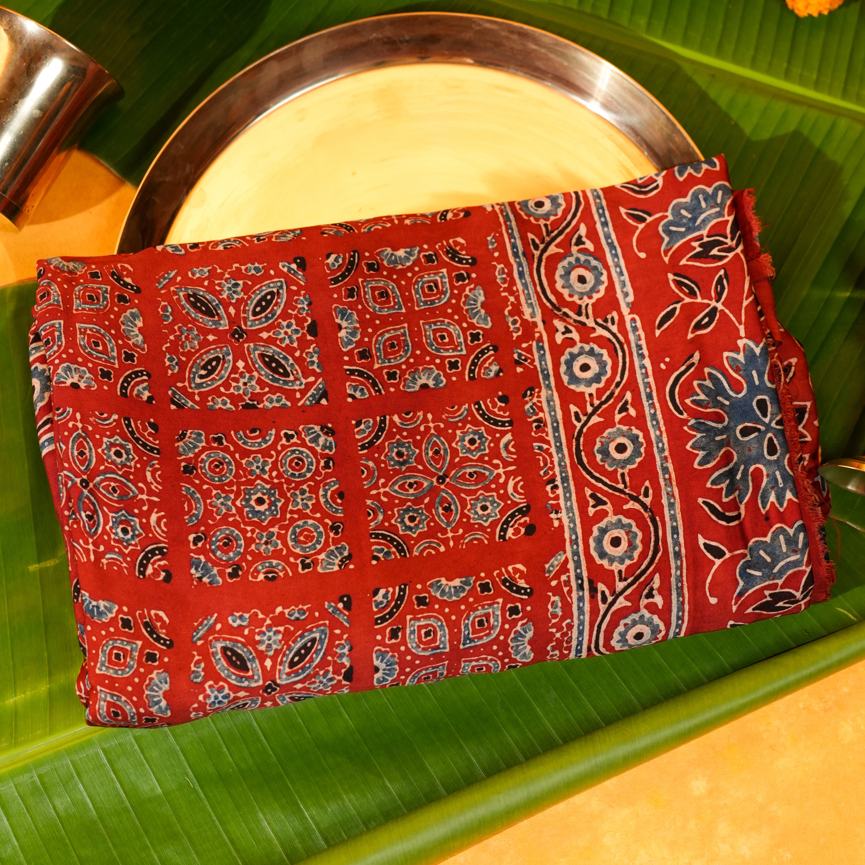 Brick Red Dola Silk Dupatta with Ajrakh Floral Print