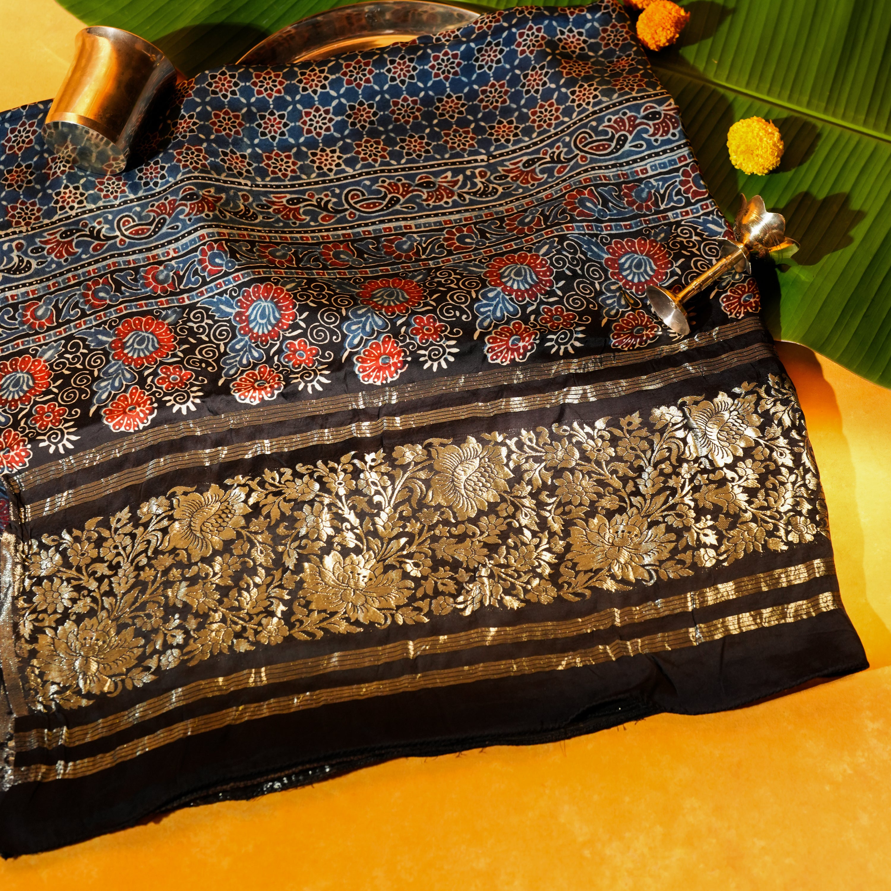 Indigo Dola Silk Dupatta with Ajrakh Print