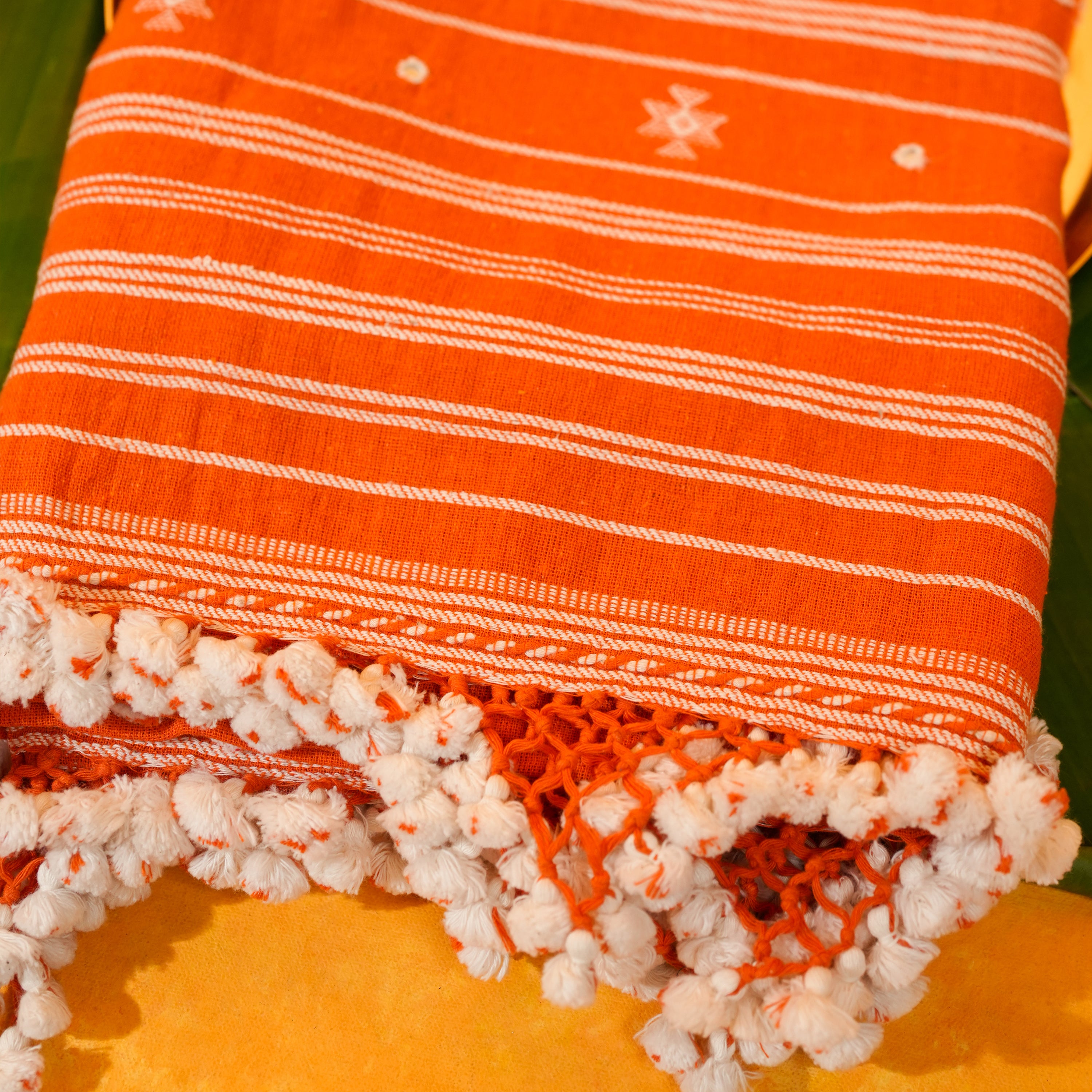 Orange Cotton Dupatta with Handwoven Design & Tassels