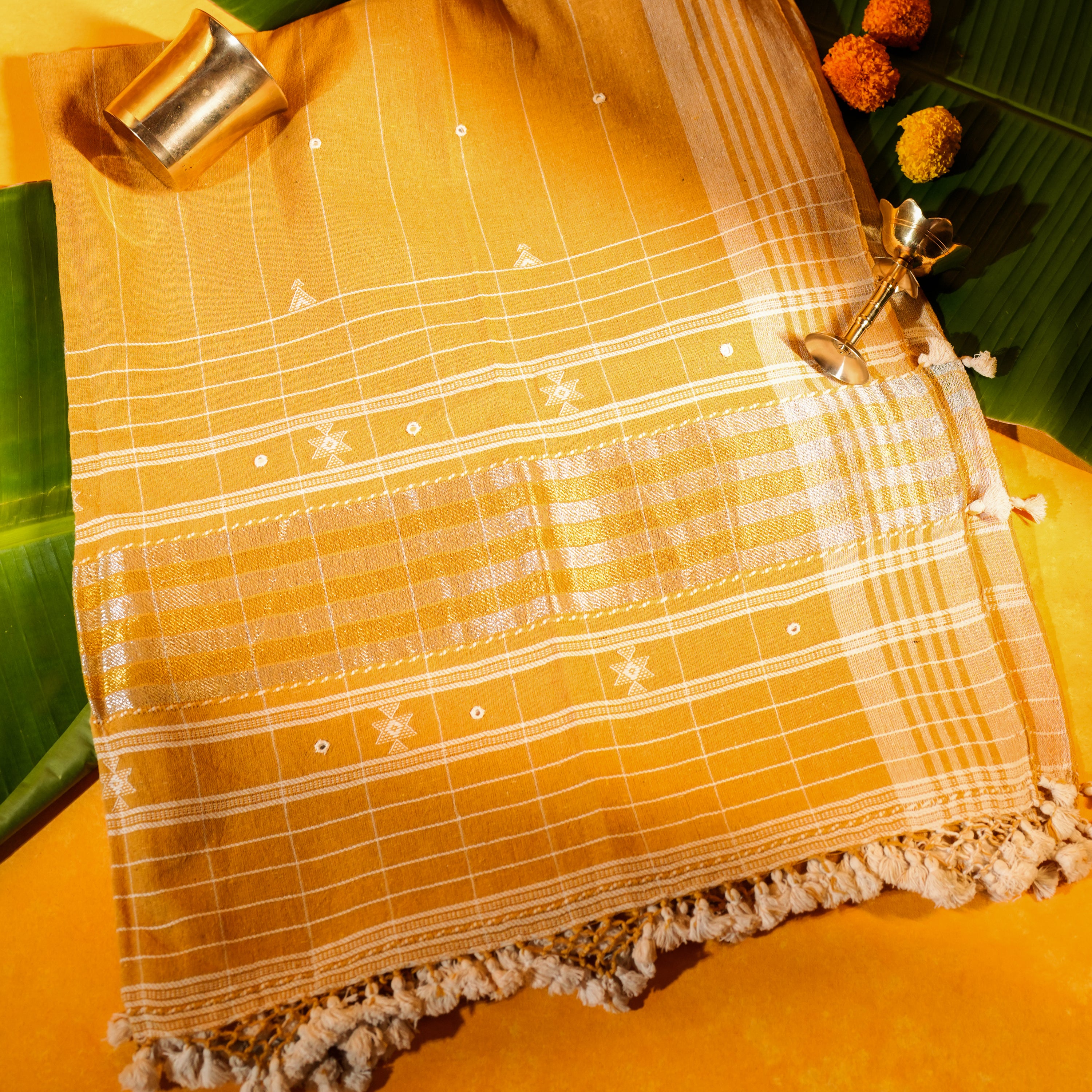 Mustard Yellow Cotton Dupatta with Handwork & Mirror Embellishments