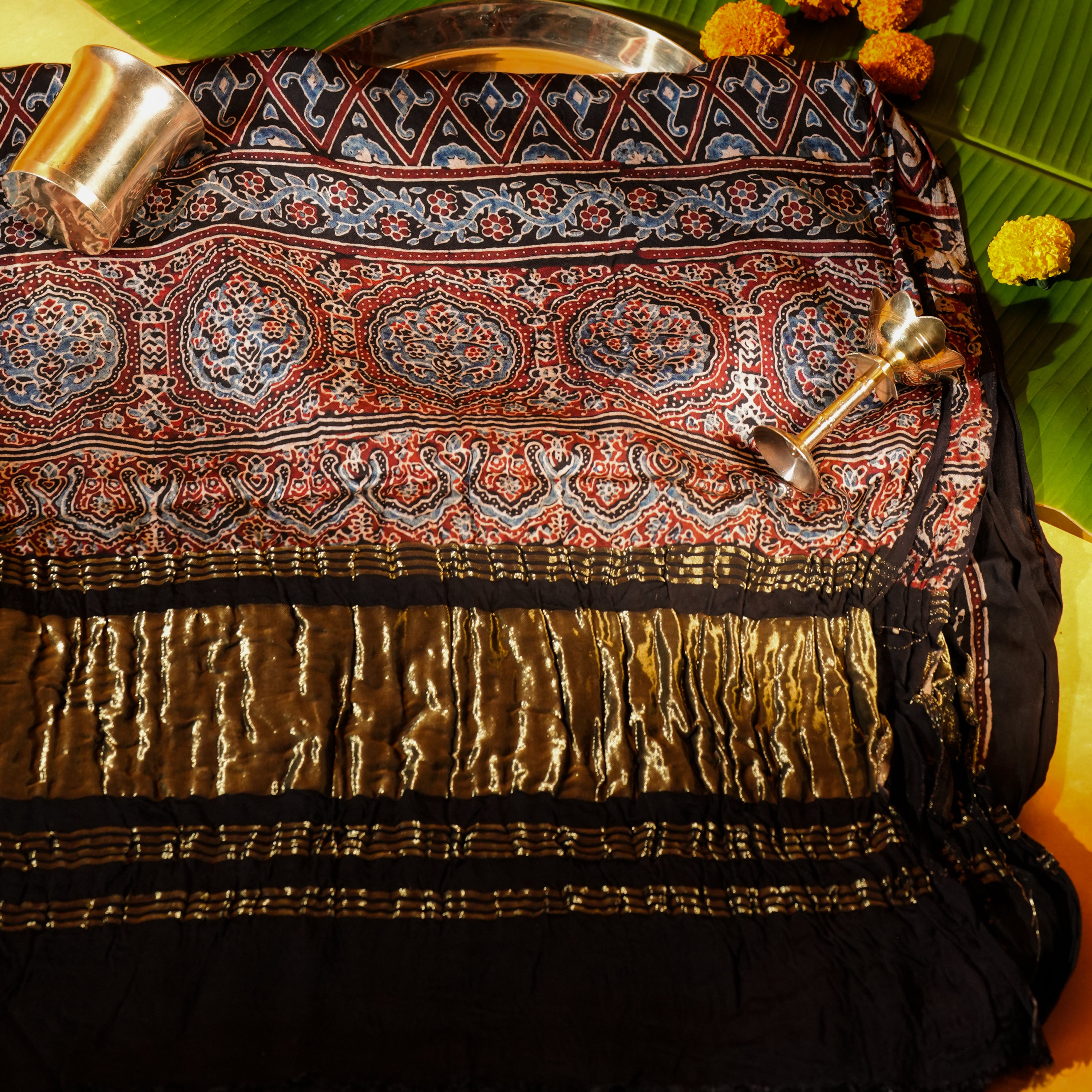 Black Dola Silk Dupatta with Ajrakh Print