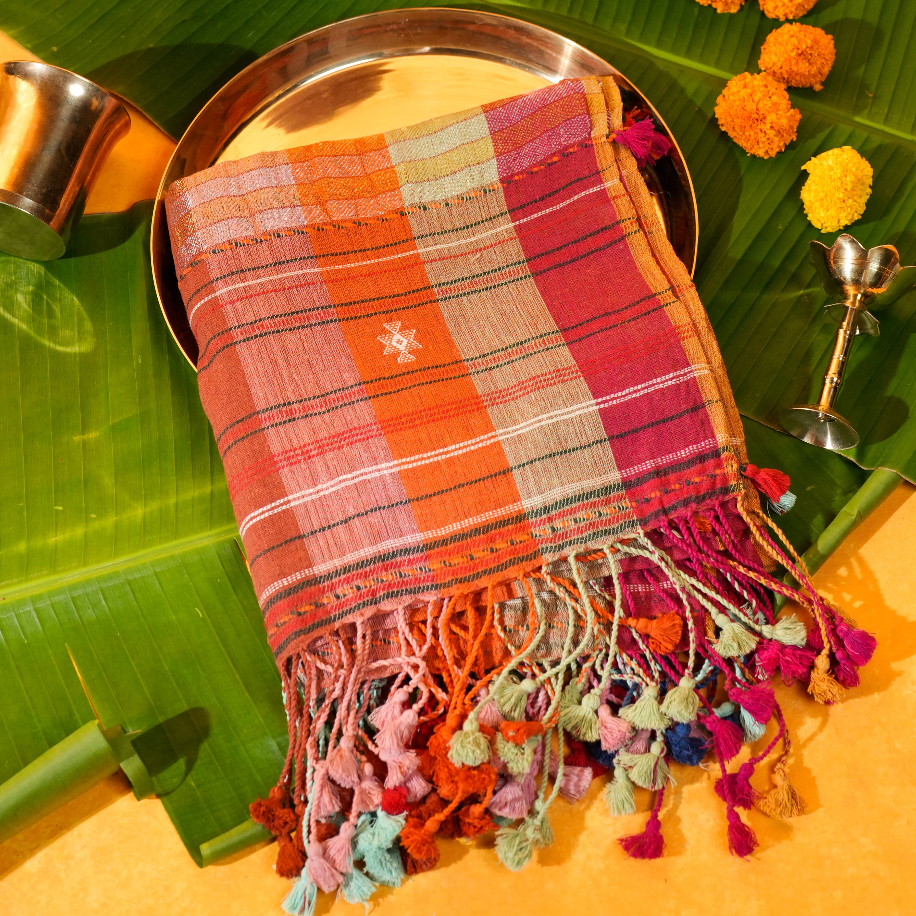 Multicolor Cotton Dupatta with Handwoven Design & Tassels